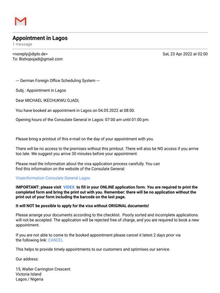 German Embassy Appointment Confirmation | PDF