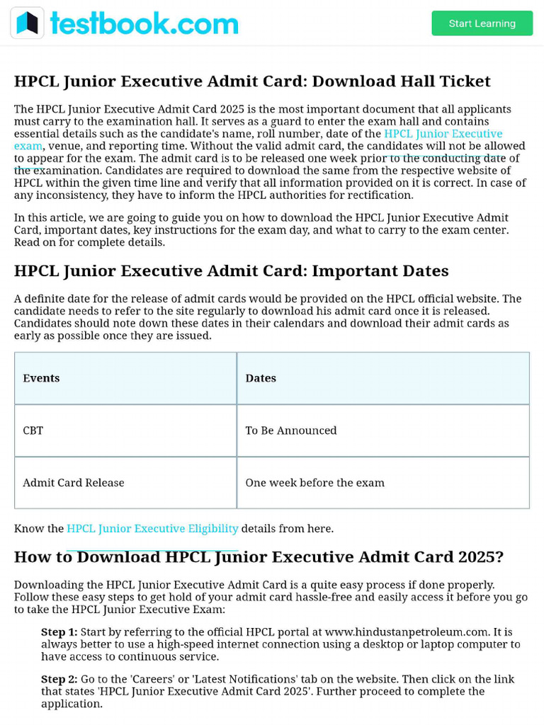HPCL Junior Executive Admit Card - Download Hall Ticket | PDF