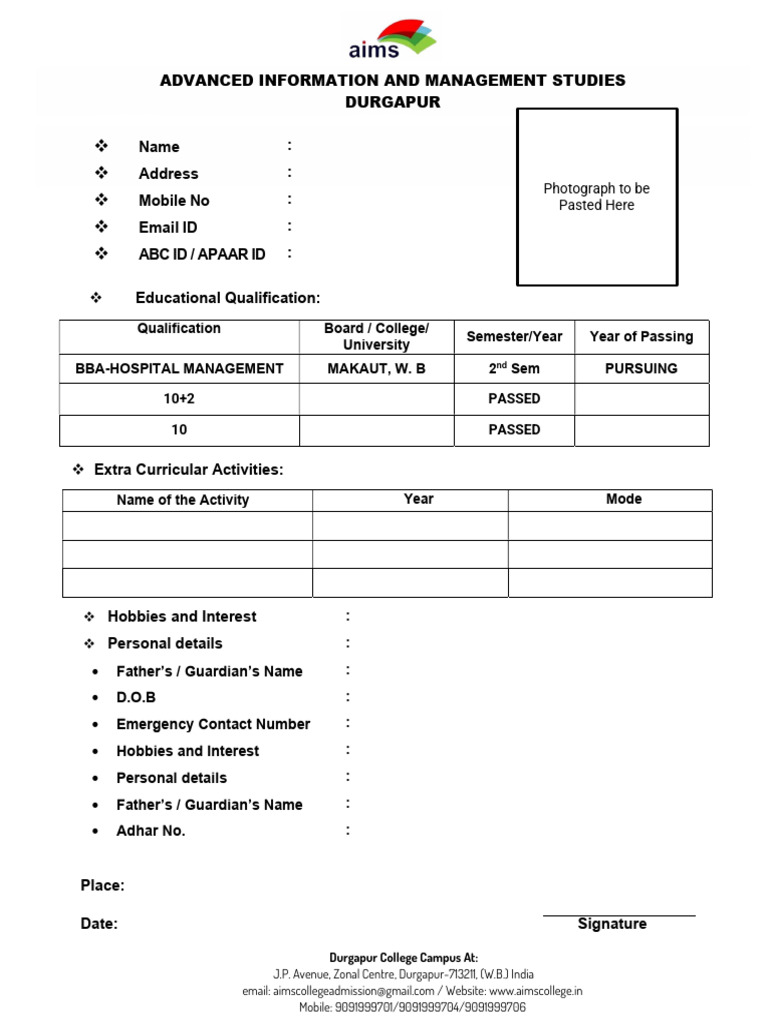 Durgapur College Admission Form Template | PDF