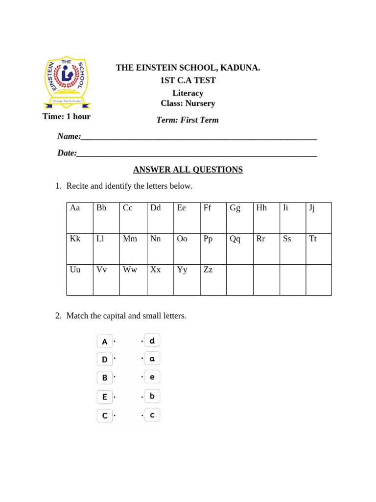 Nursery Literacy Test - Einstein School | PDF