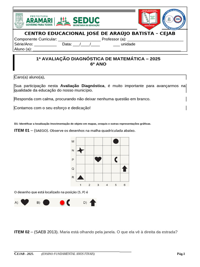 Avaliação Diagnóstica de Matemática 6º Ano | PDF | Science | Tempo