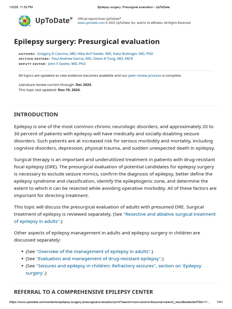 Epilepsy Surgery - Presurgical Evaluation - UpToDate | PDF | Epilepsy ...