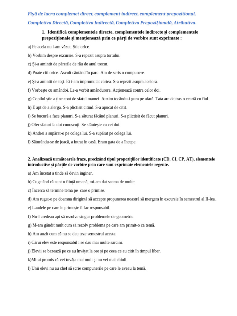 Fisa de Lucru Complement Direct Indirect Prepozitional | PDF