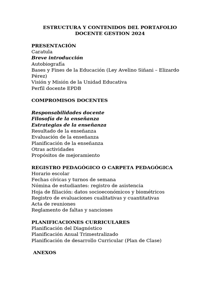 Estructura del Portafolio Docente 2024 | PDF