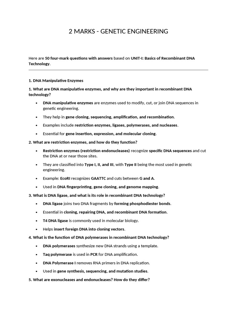 Genetic engineering 2 MARKS | PDF | Plasmid | Molecular Cloning