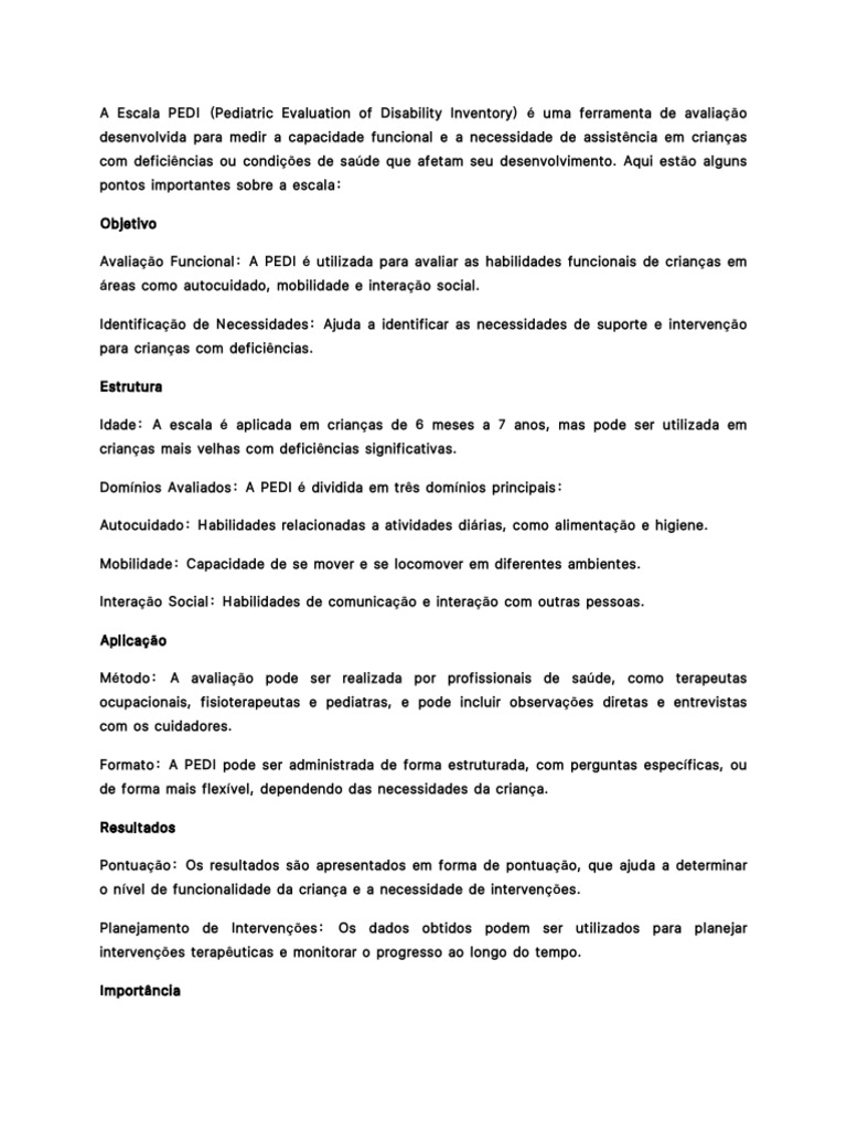 Escala PEDI: Avaliação Funcional Infantil | PDF