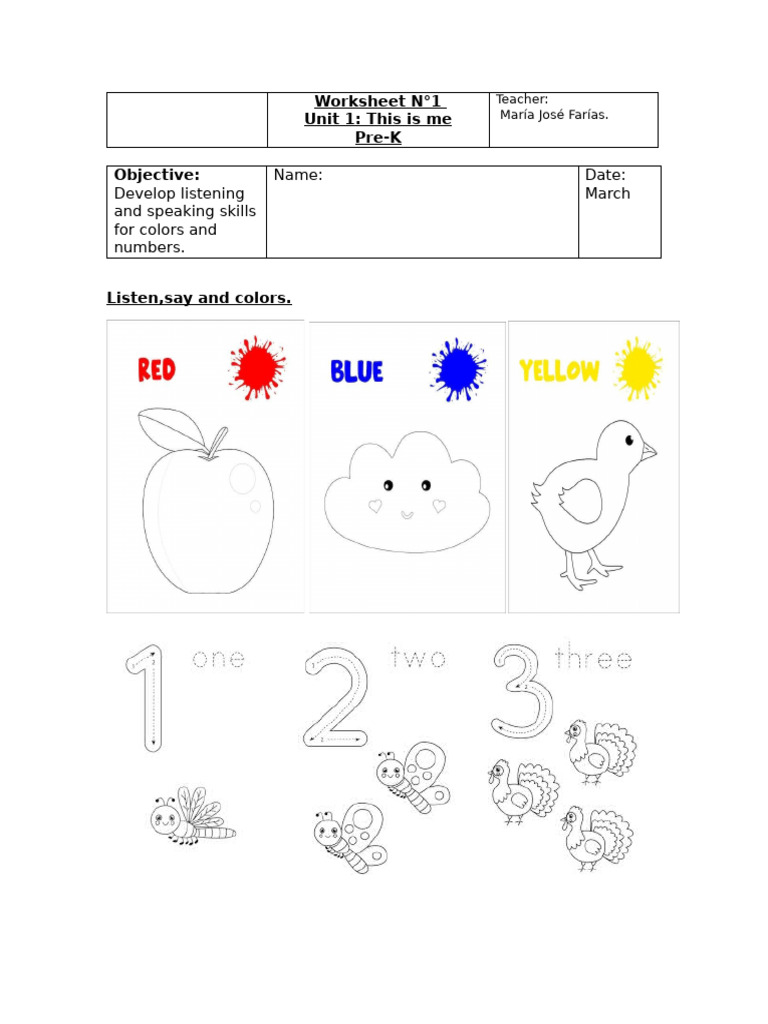 Pre-K Colors and Numbers Worksheet | PDF