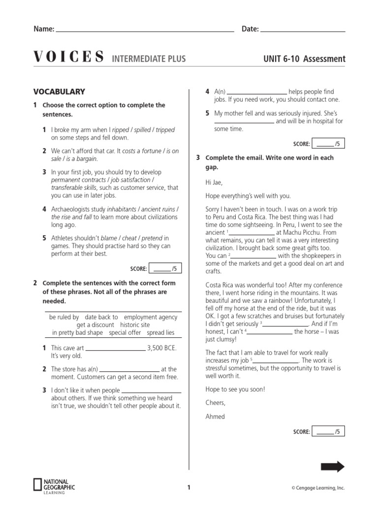 Voices Intermediate Plus U06-10 End Course Test | PDF | Photograph ...