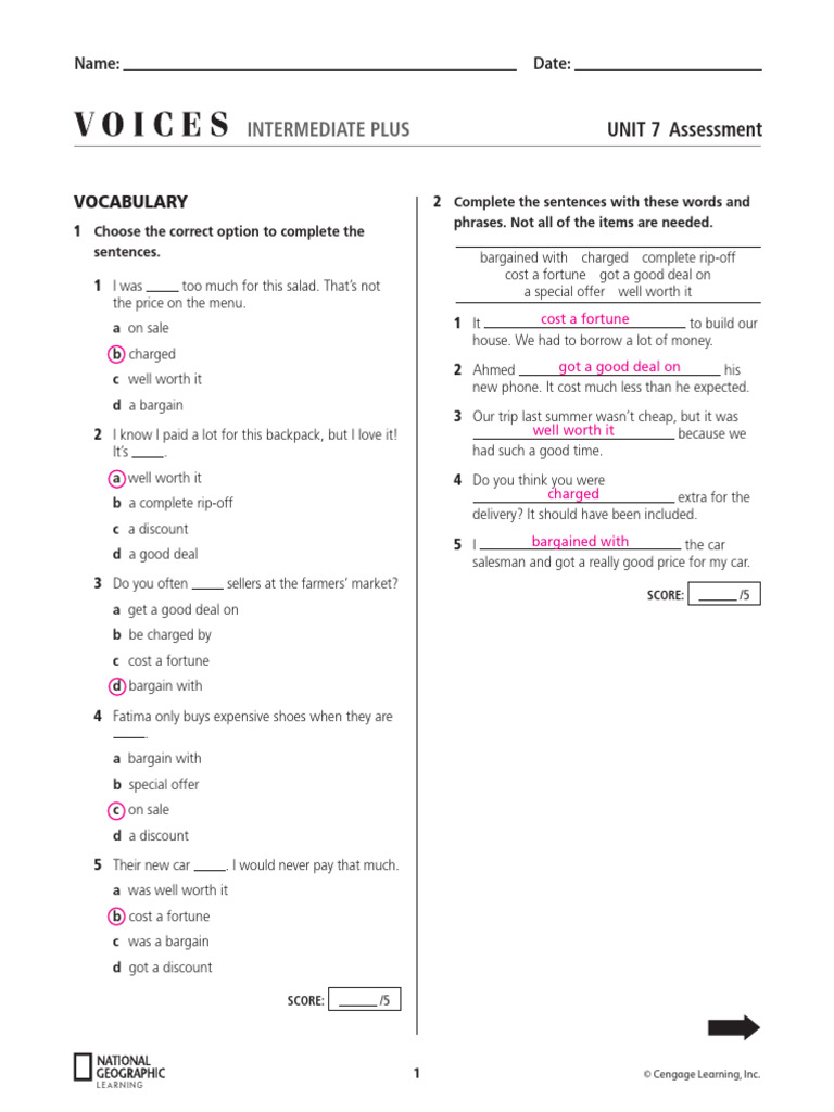Voices Intermediate Plus U07 Test Answer Key | PDF | Prices