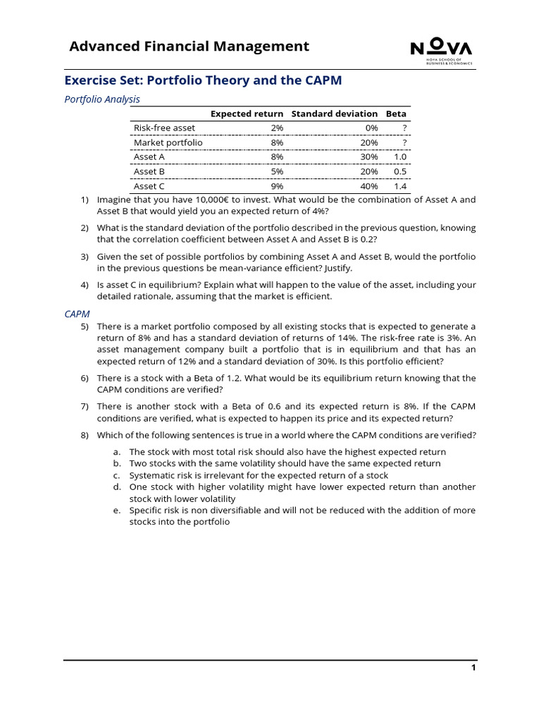 Portfolio Theory and CAPM Exercises | PDF | Capital Asset Pricing Model ...