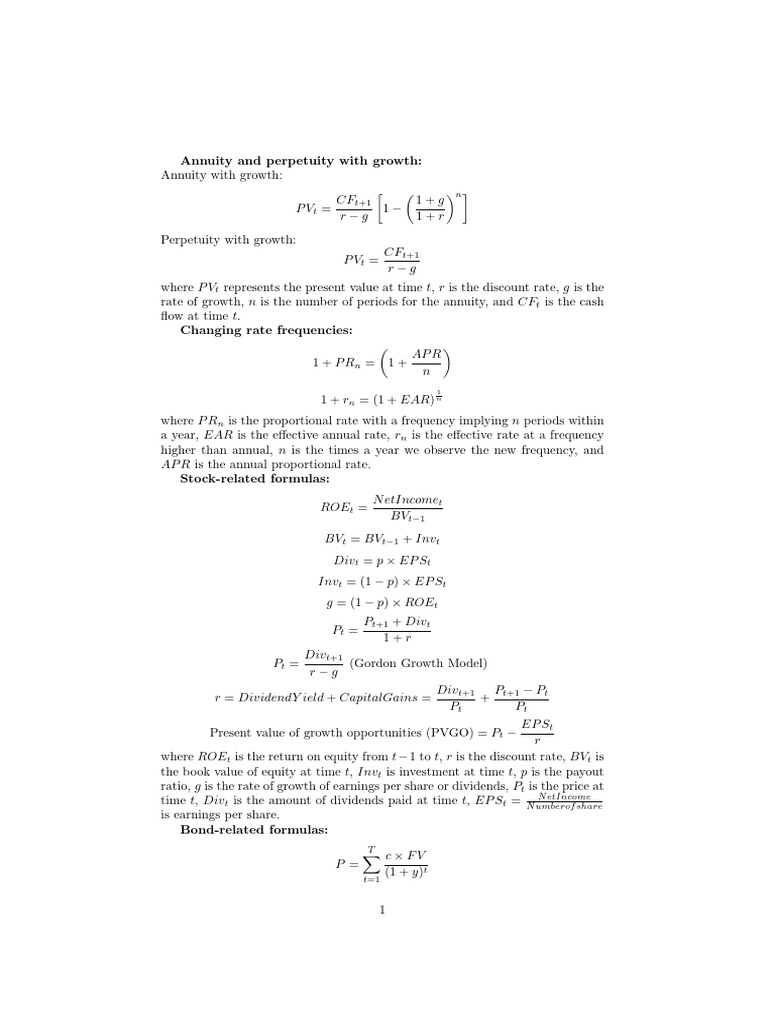 Finance - Formula Sheet | PDF | Present Value | Dividend