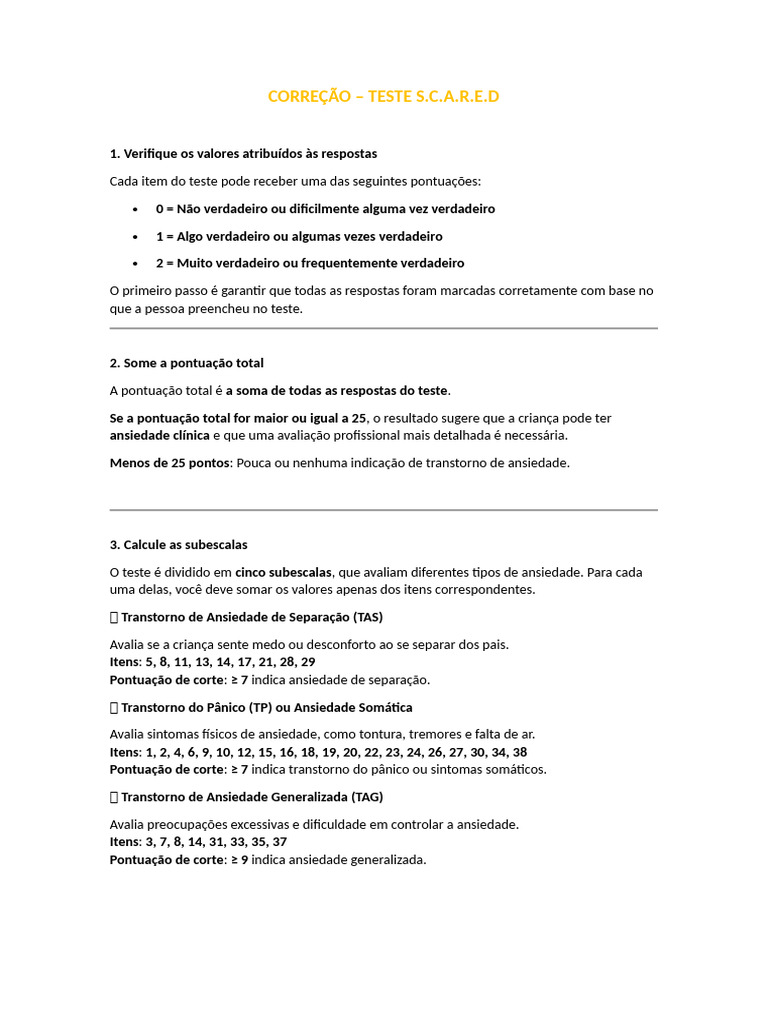 Correção do Teste S.C.A.R.E.D. | PDF | Ansiedade | Transtorno de ...