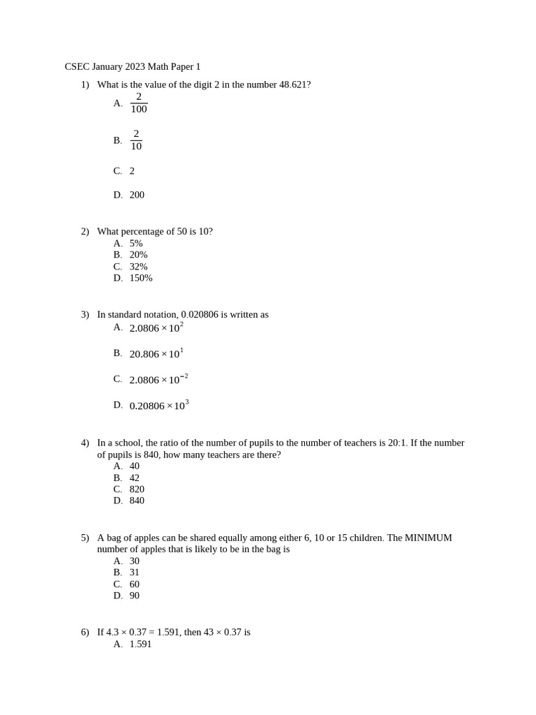 CSEC Jan 2023 Math Paper 1 Answers | PDF | Set (Mathematics) | Canadian ...