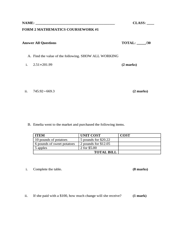Form 2 Mathematics Coursework Guide | PDF
