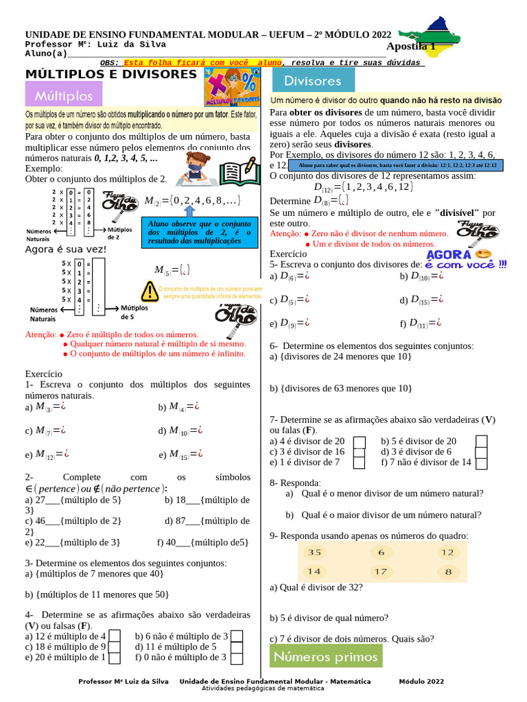 Exercícios sobre Múltiplos e Divisores | PDF | Número primo | Divisão ...