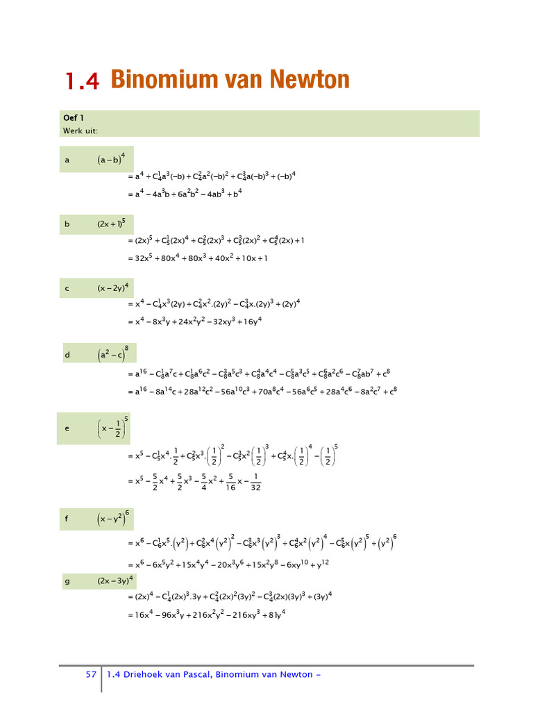 Pascal's Triangle and Binomial Theorem Exercises | PDF