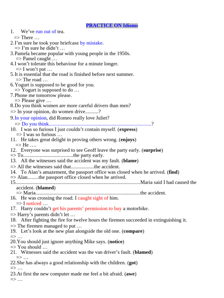 Idiomatic Expressions Practice | PDF