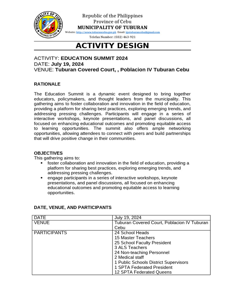Tuburan Education Summit 2024 Details | PDF