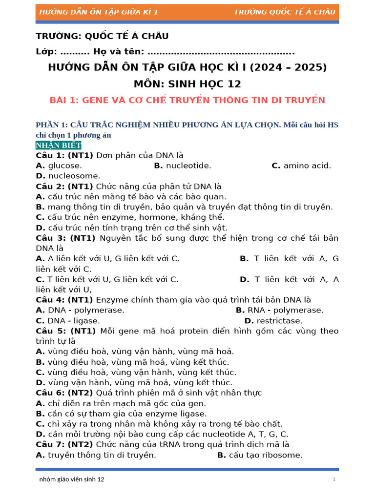 SINH 12. HUONG DAN ON TAP GK 1 24 - 25 - KH%C3%94NG %C4%90%C3%81P %C3 ...