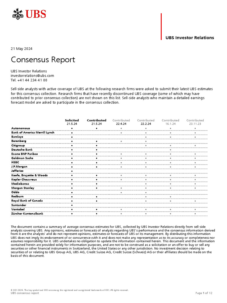UBS Consensus Estimates Report 2024 | PDF | Expense | Revenue