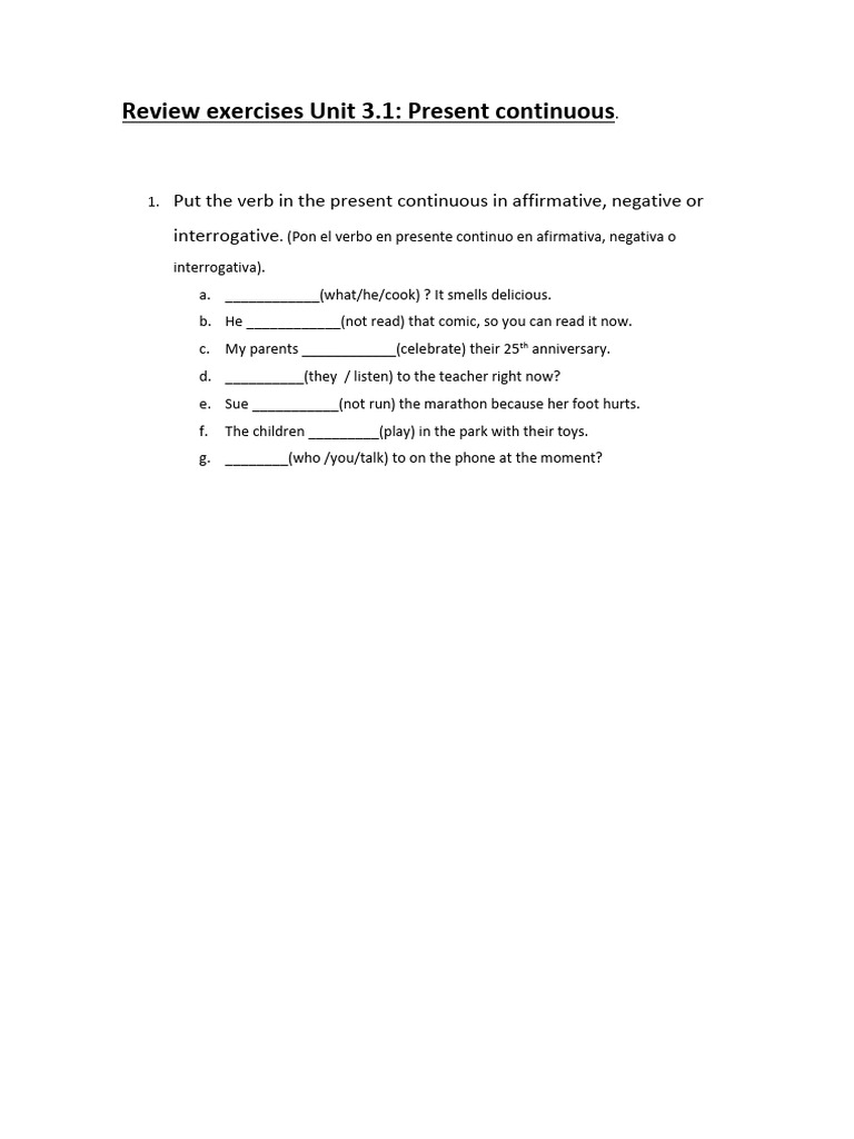 Review+exercises+Unit+3.1+-++present+continuous+ | PDF