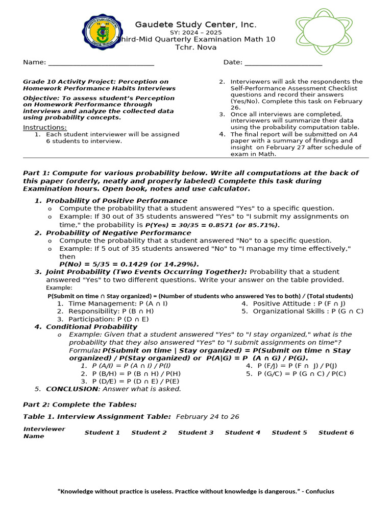 Math 10 Homework Performance Assessment | PDF | Learning