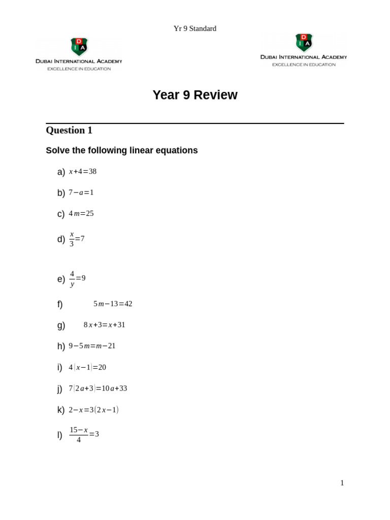 Year 9 Math Equations and Problems | PDF