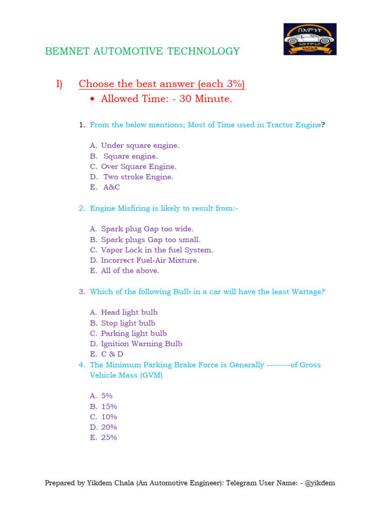Automotive Engineering Quiz Questions | PDF | Internal Combustion ...