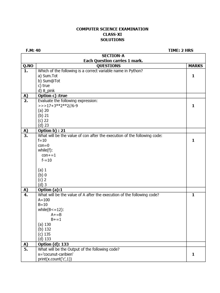 Computer Science Exam Solutions Xi Pdf Computer Programming