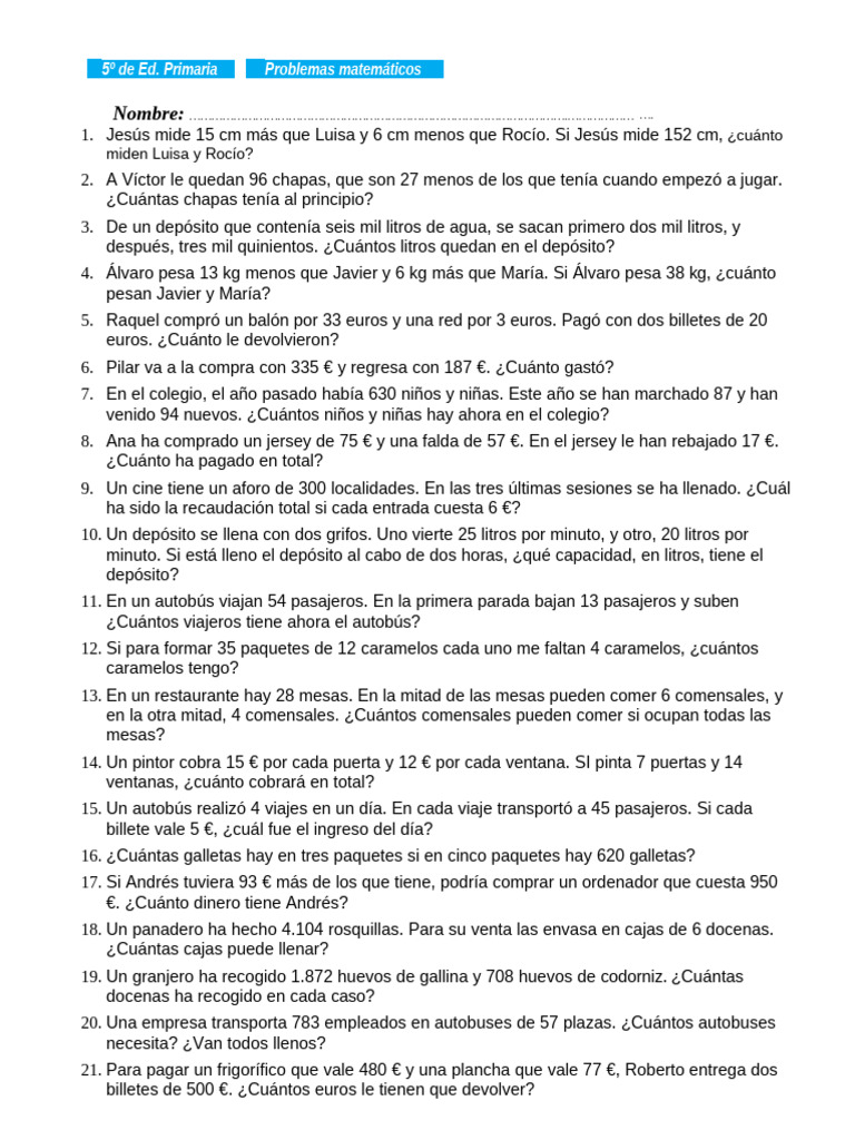 Problemas Matemáticos 5º Primaria | PDF