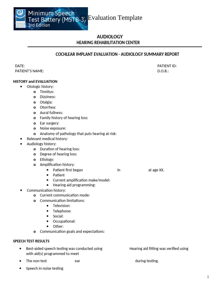 MSTB-3 Cochlear Implant Evaluation Report | PDF | Hearing Loss | Audiology