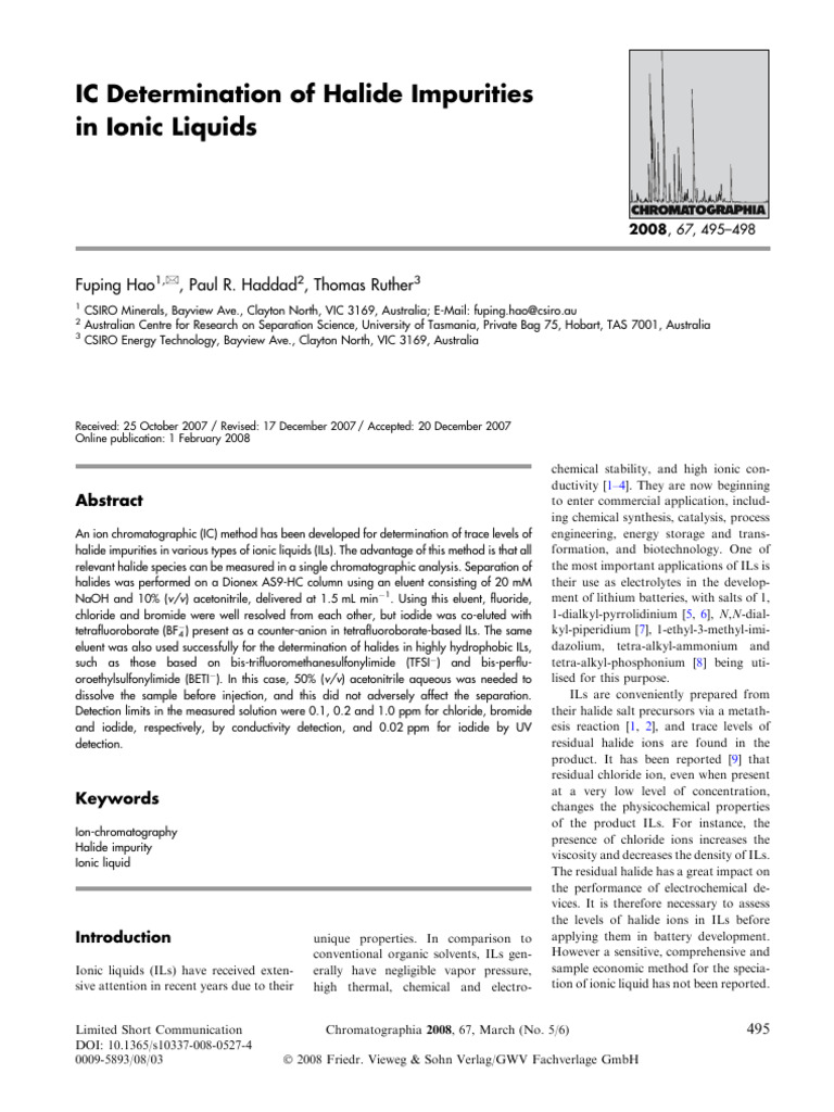Halide Impurity Analysis in Ionic Liquids | PDF | Salt (Chemistry ...