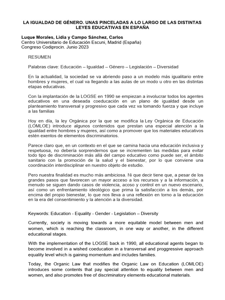 Igualdad de Género en Leyes Educativas Españolas | PDF | Igualdad de ...