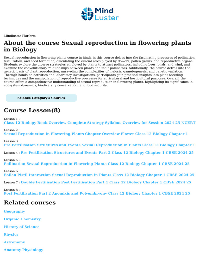 Sexual Reproduction in Flowering Plants in Biology Course Content | PDF