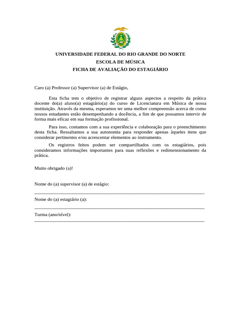 07. FICHA DE AVALIA O DO ESTAGI RIO | PDF | Aprendizado | Lição