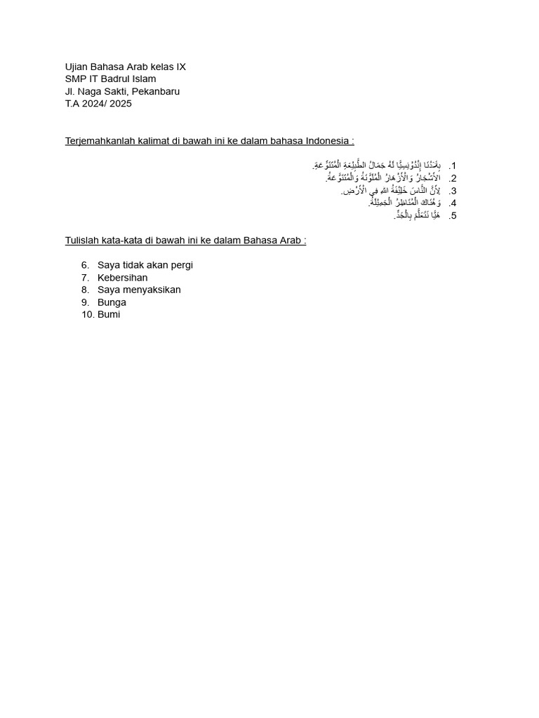 Ujian Bahasa Arab Kelas IX SMP IT Badrul Islam | PDF