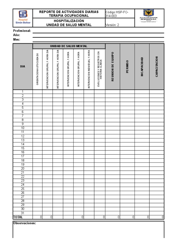 HSPFO314003 Reporte de Actividades Diarias Terapia