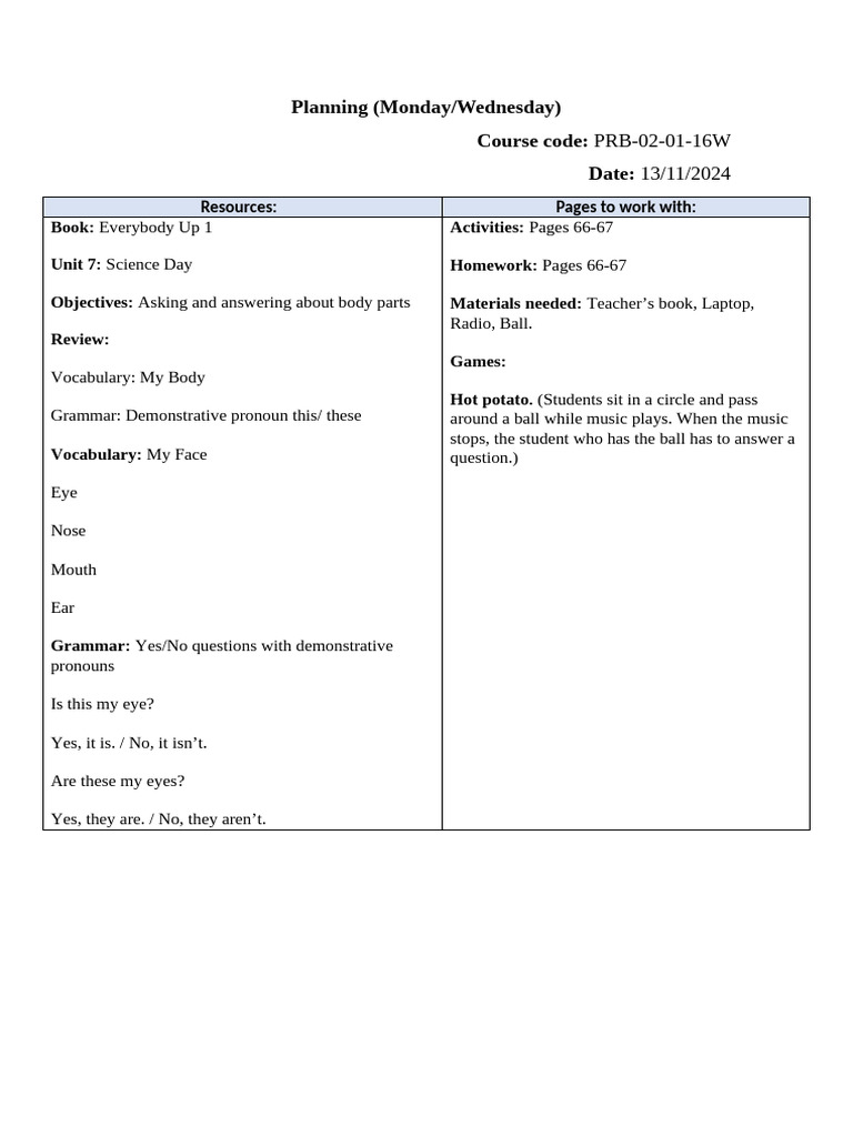 Everybody Up 1 Unit 7 Lesson Plan | PDF
