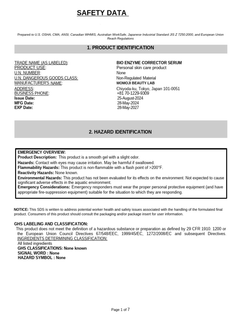 Bio Enzyme Corrector Serum Safety Data Sheet | PDF | Dangerous Goods ...