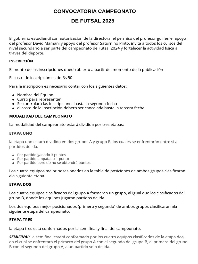 Convocatoria Campeonato Futsal 2025 | PDF | Deportes | Asociación de Futbol