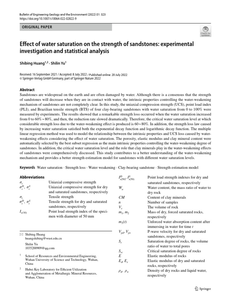 Effect of Water Saturation On The Strength of Sandstones Experimental ...
