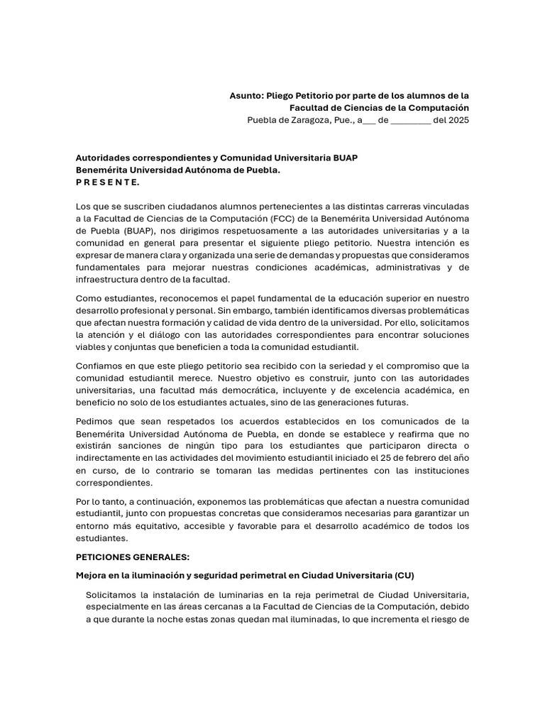 Pliego Petitorio Estudiantil BUAP 2025 | PDF | Maestros | Plan de estudios