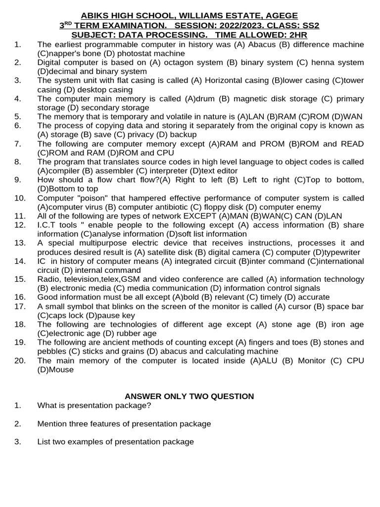 SS2 Data Processing Exam 2022/2023 | PDF | Computer Data Storage ...