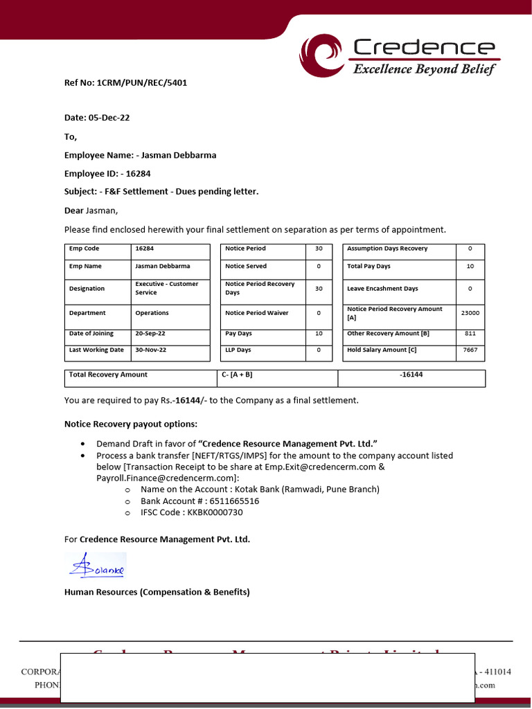 F&F Settlement - Dues Pending Letter | PDF