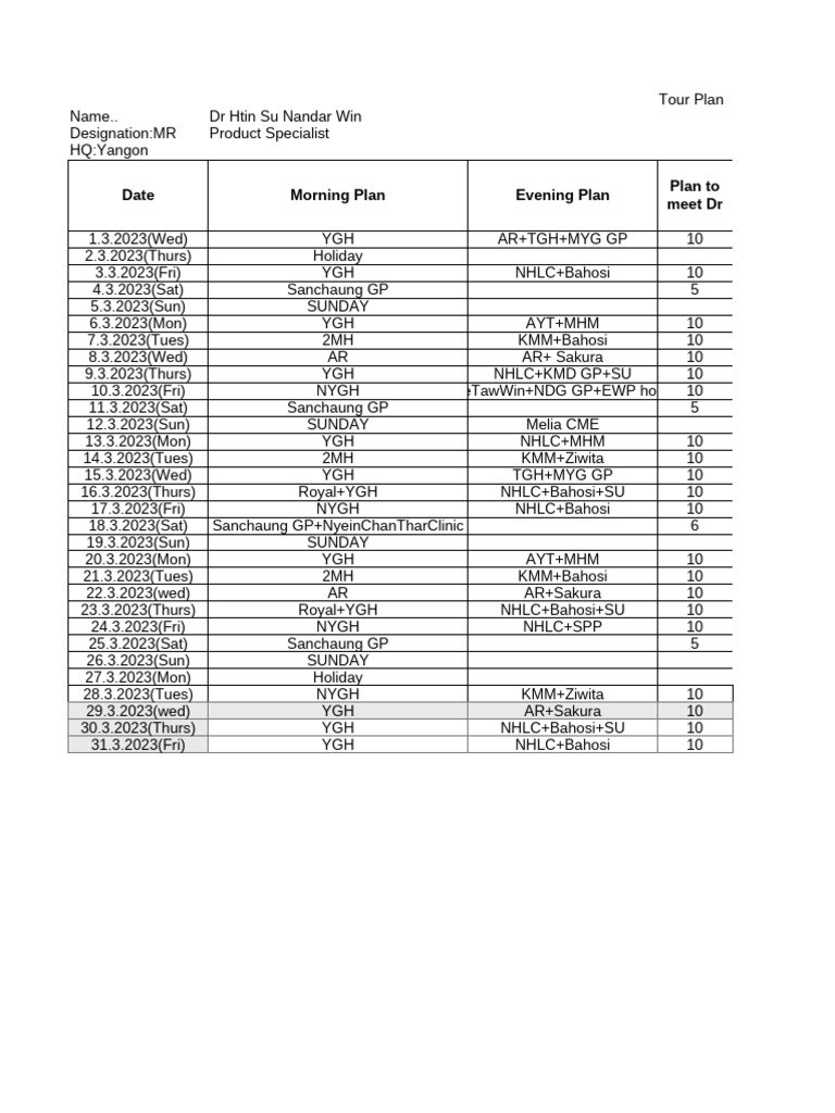 March 2023 Tour Plan for Dr. Htin Su | PDF