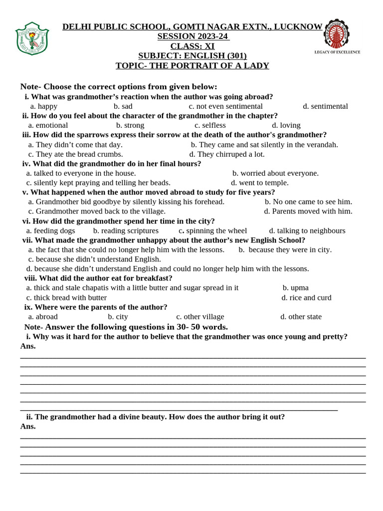 Class 11 Questions on The Portrait of a Lady | PDF