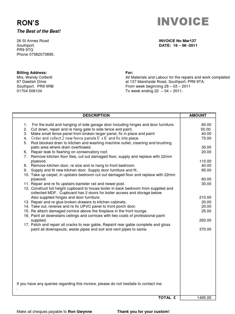 Invoice for Home Repair Services | PDF