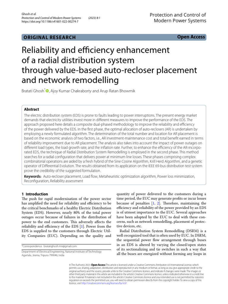 Reliability and Efficiency Enhancement of A Radial Distribution System ...