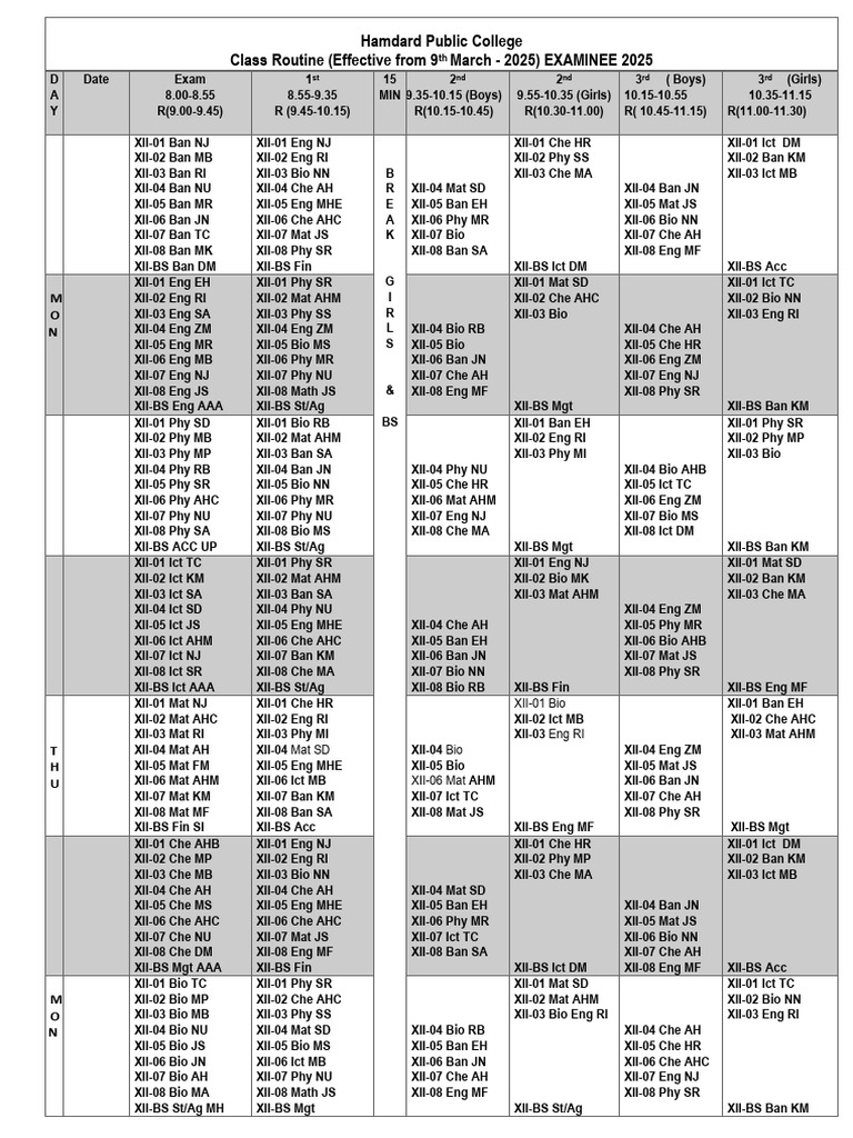 EXAMINEE Class Routine Effective From 9th March 2025 | PDF