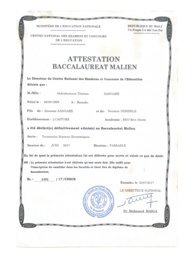Attestation. Bac | PDF
